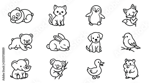 Canvas Print Kawaii animal line art collection, 12 cute cartoon animal icons for coloring, mi