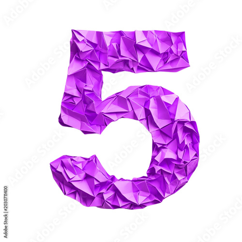 Top view of a 3D number 5 made of Purple origami paper, isolated on a white transparent background