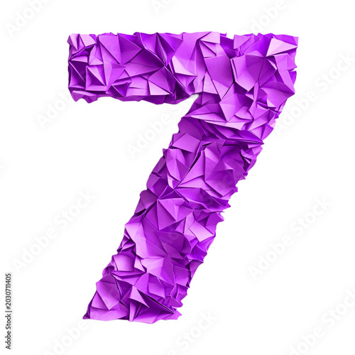 Top view of a 3D number 7 made of Purple origami paper, isolated on a white transparent background