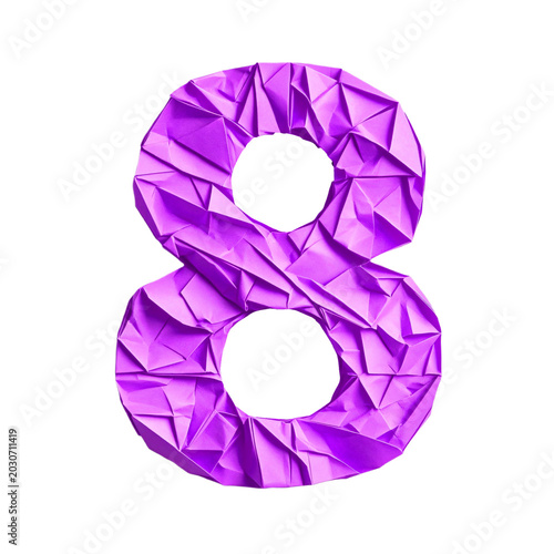 Top view of a 3D number 8 made of Purple origami paper, isolated on a white transparent background