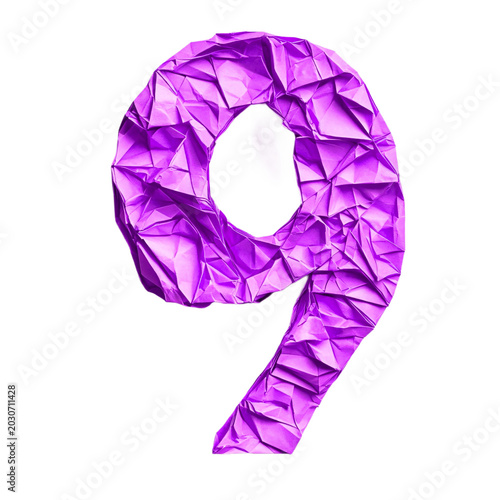 Top view of a 3D number 9 made of Purple origami paper, isolated on a white transparent background