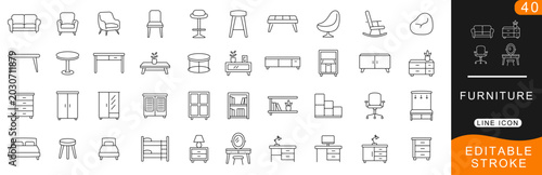 Furniture Line Icon Set – Modern Home Interior Outline Vector Icons Collection for Living Room, Bedroom, Office, and Decor Design Editable Stroke