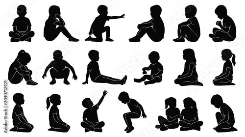 Konstfotografi Collection of black silhouettes showing diverse children in various sitting and