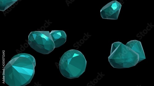Elegant teal faceted gems gracefully cascade and accumulate on a striking black background, creating a luxurious and captivating abstract animation. Perfect for vibrant visual projects.