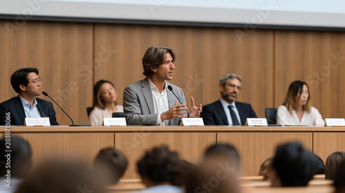 Academic panel at university symposium debating AI governance ethics  four multicultural scholars seated behind name placards on elevated stage  audience visible  formal lecture hall  moderator gest