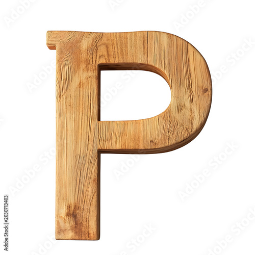 Top view of a 3D letter P made of plywood isolated on a white transparent background