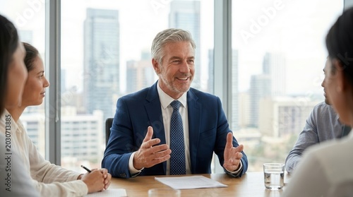 Confident Mature Businessman Leading a Professional Meeting in a Modern High-Rise Office