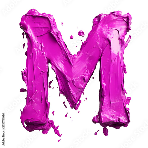 Top view of a 3D letter M made of pink paint isolated on a white transparent background