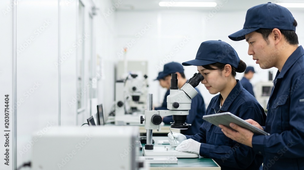 Naklejka premium 製造業の現場で顕微鏡を使った品質管理のOJTを受ける若手女性と指導する男性技術者