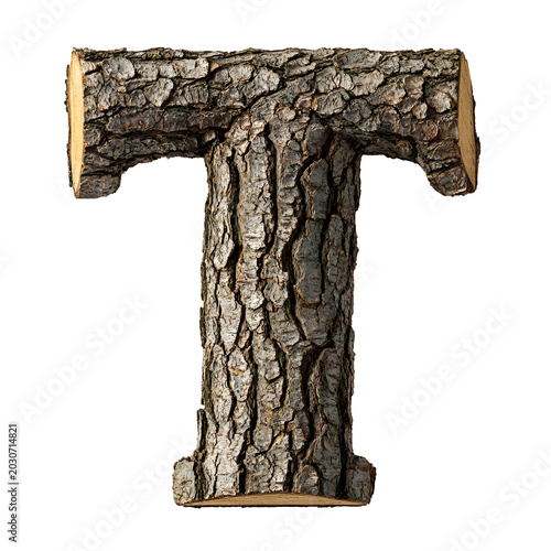 Top view of a 3D letter T made of pine tree bark isolated on a white transparent background