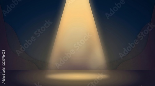 Opened ingredientA single, intense golden spotlight beams down from above, creating a focused pool of light on an empty, dark stage, suitable for product reveals or character introductions in 3D anima