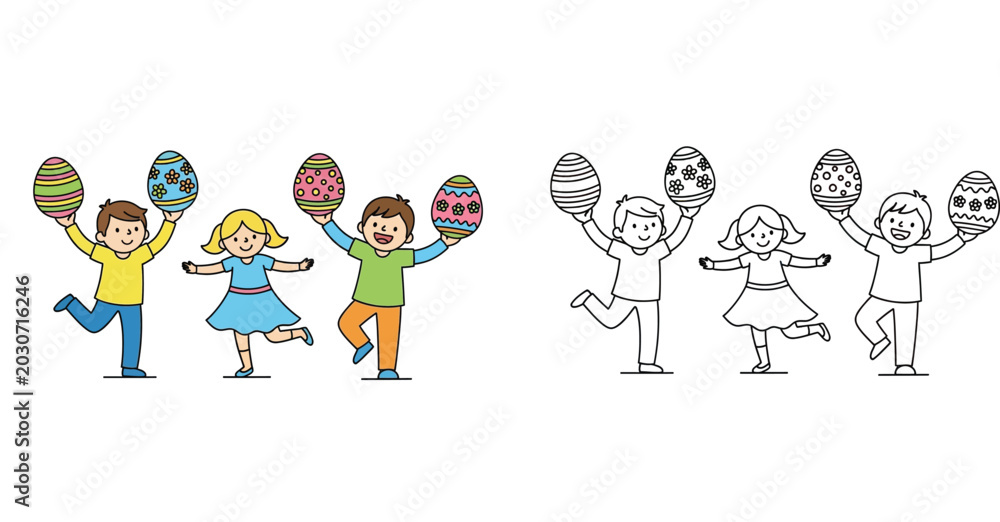 Fototapeta premium Group of Happy Children Celebrating Easter Holiday Holding Large Decorated Eggs. Coloring Page and Color Illustration Set for Kids Activity Book Vector.