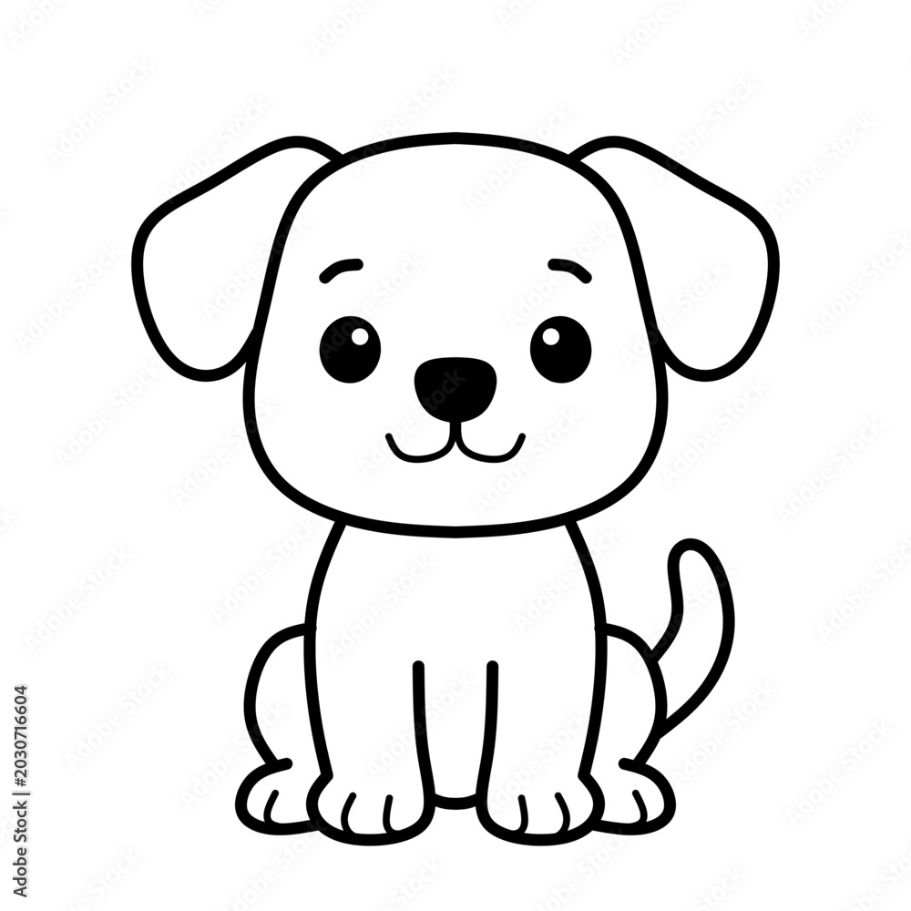 Fototapeta premium Cute hand-drawn puppy sitting illustration, black and white line art, minimalist pet design