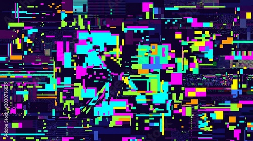 A digital 2D illustration featuring a chaotic abstract glitch pattern with distorted pixelated rectangles and sharp geometric fragments. The color scheme features high-contrast neon shades of magenta,