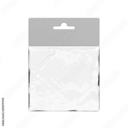 3d render of transparent plastic hanging packaging with blank label for product mockup