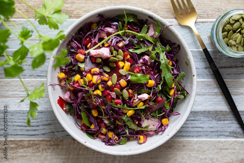 Healthy salad with beetroot, red cabbage and sweetcorn