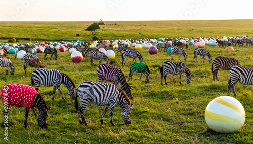 A herd of zebras peacefully grazing amidst a field of colorful spheres on a grassy savanna under the open sky.