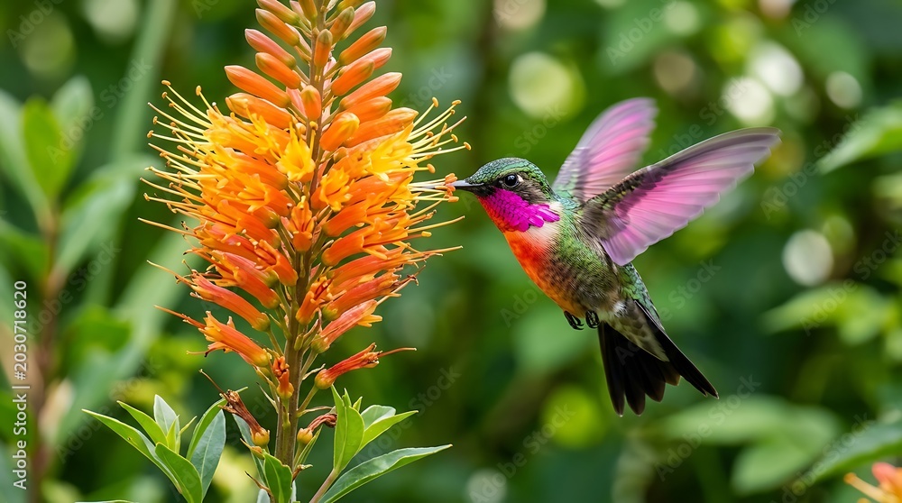 Obraz premium Tiny hummingbird with pink wings sips nectar from vibrant orange flower image