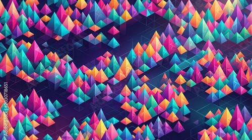 A vibrant 2D digital texture featuring a repeating geometric pattern of sharp low poly triangles and pyramids. The crystalline field displays a chaotic mix of highly saturated rainbow colors.