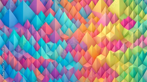 A vibrant 2D digital texture featuring a repeating geometric pattern of sharp low poly triangles and pyramids. The crystalline field displays a chaotic mix of highly saturated rainbow colors.