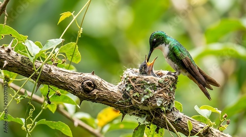 Hummingbird feeding chick in nest on thorny branch image