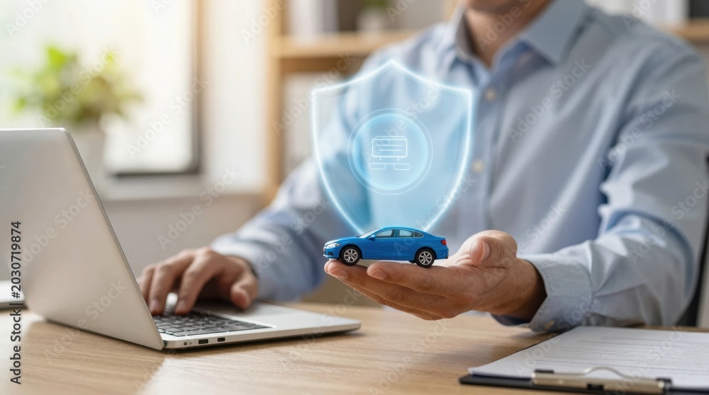 Fototapeta premium Man holds toy car while working on laptop in home office setting during daytime