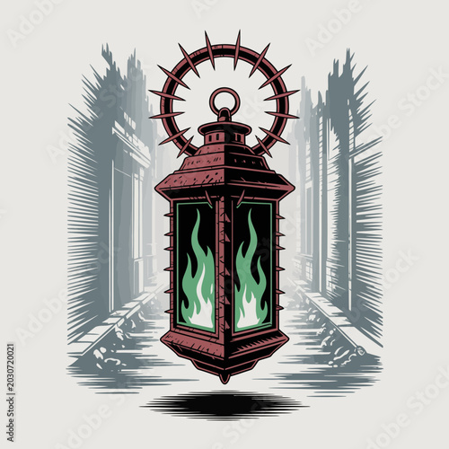 Fotografie Dark lantern with green flames inside.