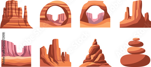 Photos Vector illustration set of desert rock formations featuring canyon walls sandstone arches buttes stacked balance stones and scenic mountain pinnacles isolated on a white background