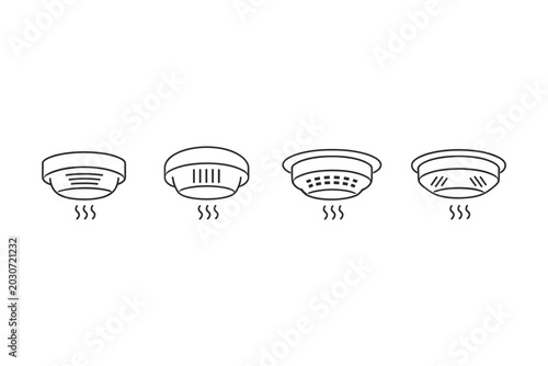 Collection of four different smoke detector icons with wavy lines indicating smoke