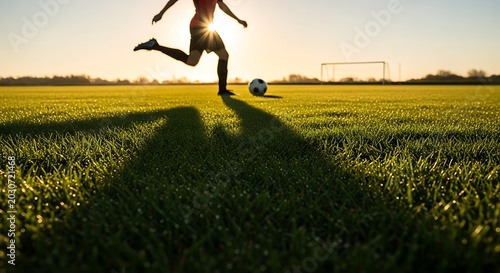 Soccer player silhouette kicking ball during sunset