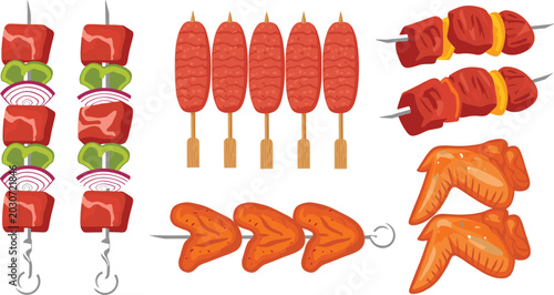 Foto Barbecue meat skewers and grilled shish kebab vector set collection with sausage