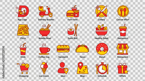Colorful Fast Food and Restaurant Icon Set with Burger Pizza Cake and Beverage Vector Illustration