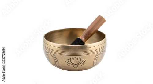 A serene singing bowl with mallet on a transparent background against white