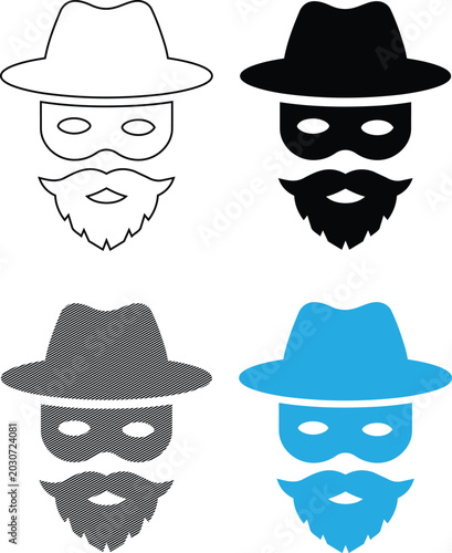 Tableau sur toile Vector mysterious man with hat mask and beard incognito icon