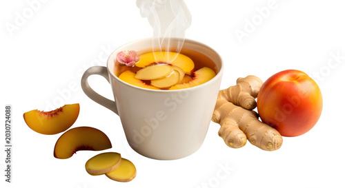 Steaming cup of peach tea with slices and ginger on transparent background