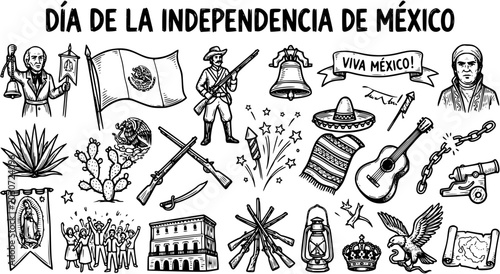 Foto Mexican Independence Day Black  White Line Art Icons Set