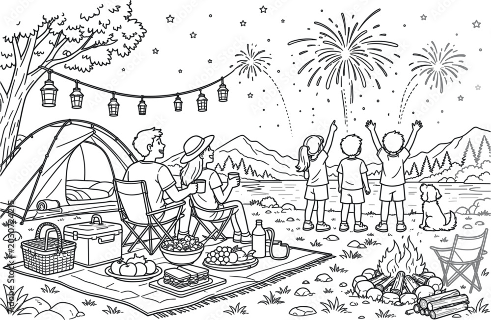Fototapeta premium Campers enjoy a vibrant fireworks display near their tent and campfire in this engaging line art illustration that depicts an adventurous outdoor lifestyle experience for your next design project.