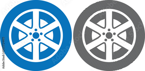 Vector car wheel and tire icon set with wheel rim flat design black and white