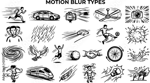 Bild auf Leinwand Motion Blur Types Vector Set: Dynamic Hand-Drawn Black and White Line Art Illust