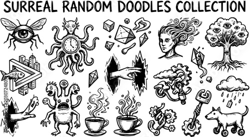 Canvastavla Surreal Random Doodles Collection: Abstract Concepts  Fantasy Elements in Black