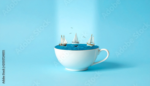 A miniature ocean complete with sailboats and whales fills a white teacup against a blue background, evoking a sense of adventure and escape.