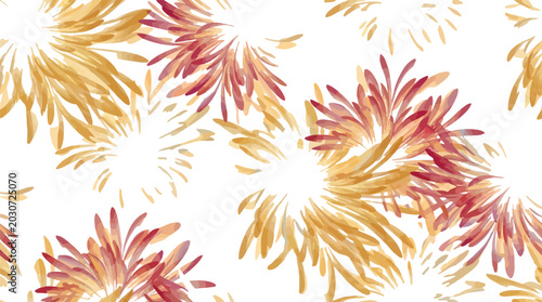Chrysanthemum flowers bloom in clusters of warm orange and red watercolor brushstrokes on white paper.
