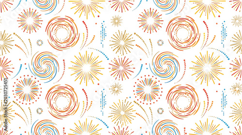 Fireworks and spiral flares create a vibrant celebration background perfect for festive holiday event.