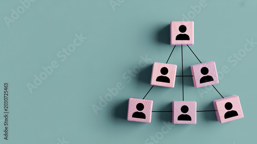 A hierarchical structure of pink wooden blocks with person icons is displayed, showing a clear organizational pyramid from top to bottom.
