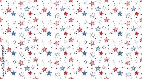 Stars and polka dots in patriotic red and blue colors create a festive seamless pattern for holiday.