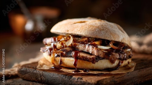 Delicious gourmet beef brisket sandwich with caramelized onions sweet barbecue sauce dripping crusty ciabatta bun rustic wooden cutting board pub food street meal close-up tasty photography lunch