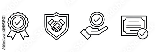 Foto verification approved line icon set check mark agreement warranty badge confirmation symbol ouline illustration vector design