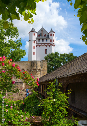 Historic castle tower with rose garden and old stone wall in Eltville am Rhein beneath blue sky.