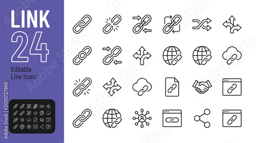 Professional collection of twenty four black line link icons displayed on a clean white paper sheet