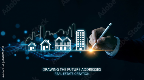 Real estate creation concept with hand drawing future addresses, glowing digital architecture icons, urban development and property planning